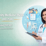 Medical professional with community medicine thesis and healthcare icons.